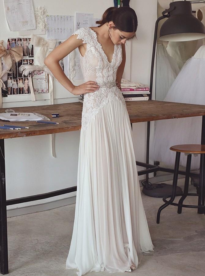 A-Line V-Neck Chiffon Lace Backless Wedding Dress with Beading