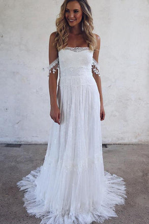 Flowy Off-the-Shoulder Strapless Lace Beach Boho Wedding Dresses