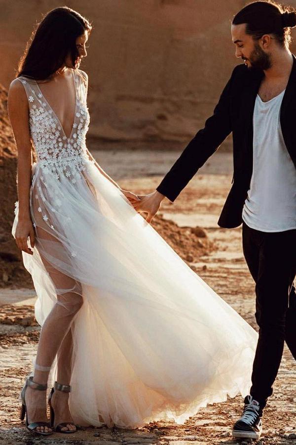 a-line plunging neckline appliques tulle outdoor wedding dress with split dtw217