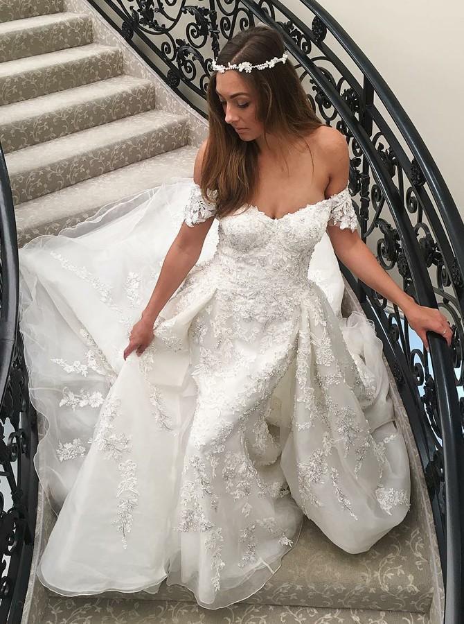 Mermaid Lace Appliques Off-the-Shoulder Wedding Dress with Detachable Train