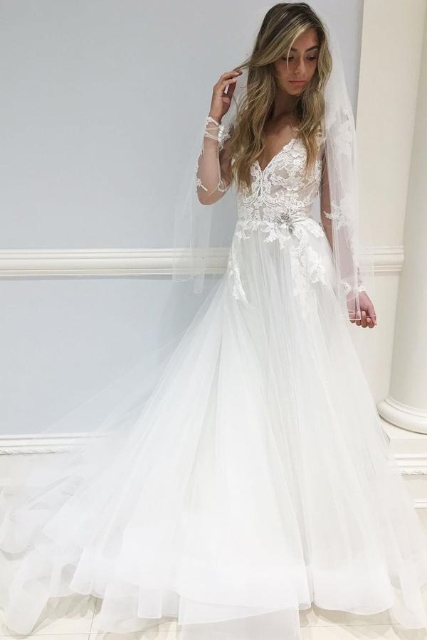 a-line v-neck tulle long sleeves wedding dress with appliques dtw219