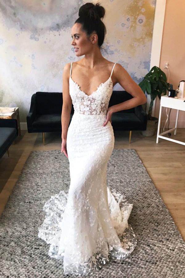 spaghetti straps sweep train lace appliques mermaid wedding dress dtw227