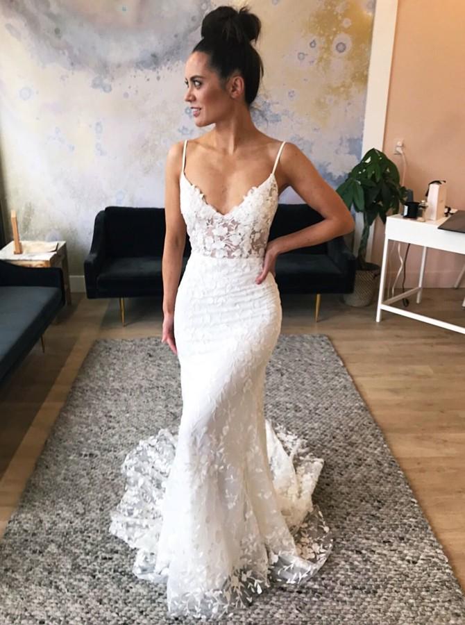 Spaghetti Straps Sweep Train Lace Appliques Mermaid Wedding Dress