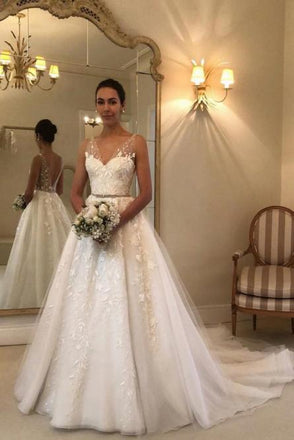 princess a-line v-neck backless wedding dress with appliques dtw226