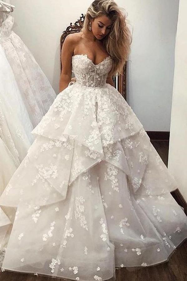 princess sweetheart layered long wedding dress with appliques dtw225