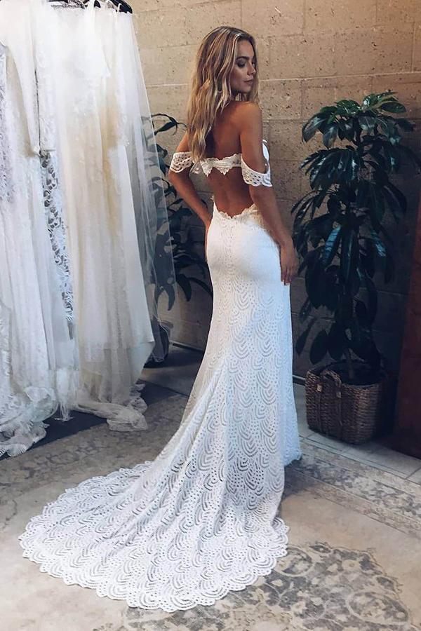 Mermaid Off-the-Shoulder Backless Lace Wedding Dress with Split DTW230 DressTok.co.uk Mermaid Off-the-Shoulder Backless Lace Wedding Dress with Split DTW230 DressTok.co.uk
