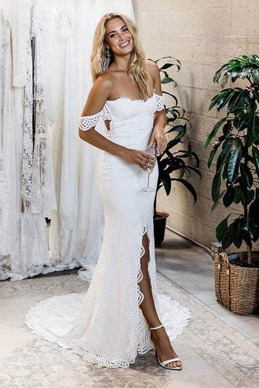 mermaid off-the-shoulder backless lace wedding dress with split dtw230