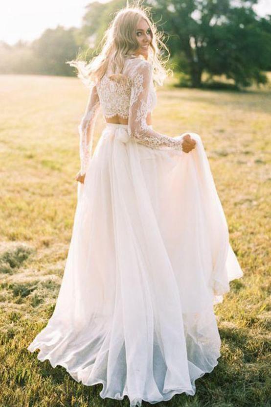 Two Piece Round Neck Long Sleeves Lace Beach Boho Wedding Dress