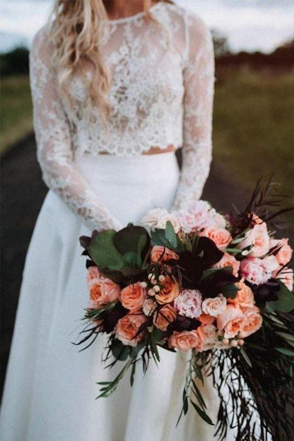 Two Piece Round Neck Long Sleeves Lace Beach Boho Wedding Dress