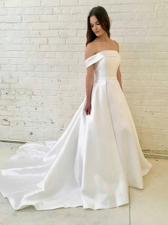 Off-the-Shoulder Satin Wedding Dress, Simple A-Line Wedding Dress