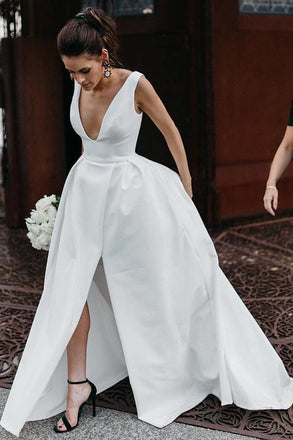 elegant a-line v-neck satin simple wedding dress with split dtw231