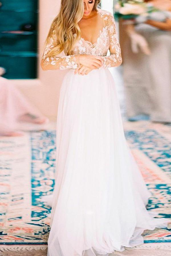 A-Line Sheer Bateau Backless Wedding Dresses With Appliques Long Sleeves