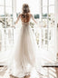 A-Line Sheer Bateau Backless Wedding Dresses With Appliques Long Sleeves