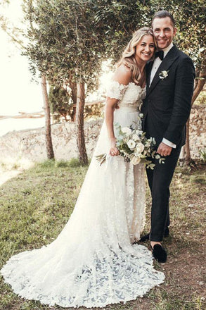 a-line off-shoulder bohemian appliques wedding dresses with sweep train dtw264