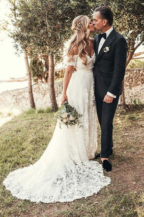 A-Line Off-Shoulder Bohemian Appliques Wedding Dresses with Sweep Train