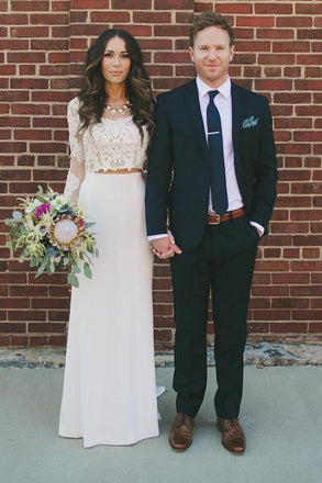 crew long sleeves two piece beach sheath wedding dress with lace dtw265