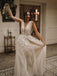 A-Line V-Neck Tulle Long Wedding Dress with Lace Appliques