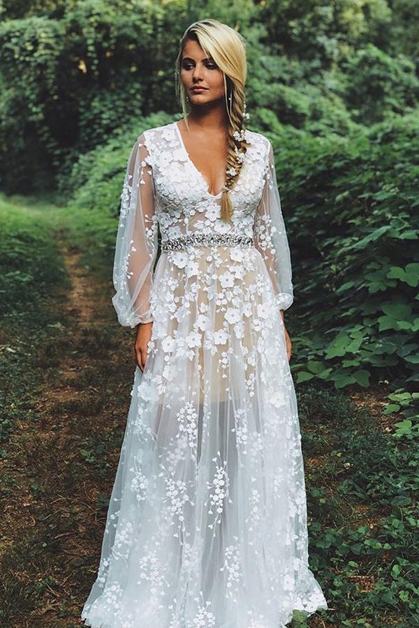 v-neck waist beaded appliques boho wedding dress with long sleeves dtw330