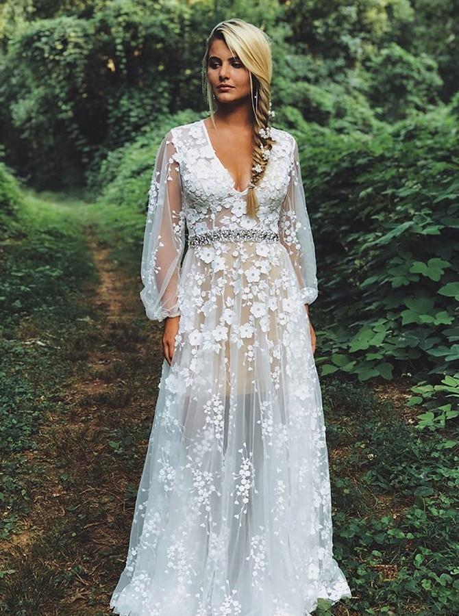 V-Neck Waist Beaded Appliques Boho Wedding Dress with Long Sleeves