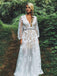 V-Neck Waist Beaded Appliques Boho Wedding Dress with Long Sleeves