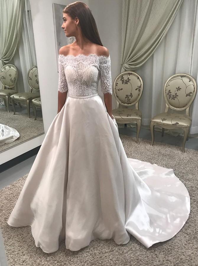 Off-Shoulder 1/2 Sleeves Satin Lace A-Line Wedding Dress With Pockets DTW343 DressTok.co.uk Off-Shoulder 1/2 Sleeves Satin Lace A-Line Wedding Dress With Pockets DTW343 DressTok.co.uk