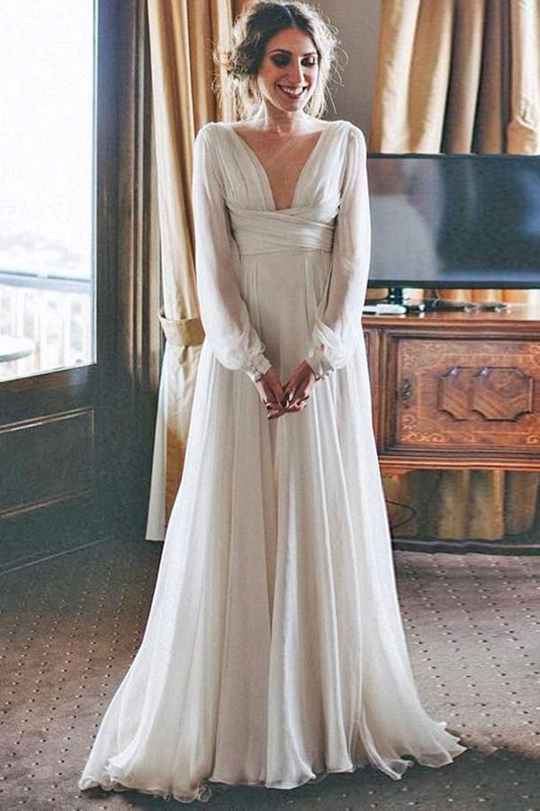 elegant v-neck chiffon beach wedding dresses with long sleeves dtw341