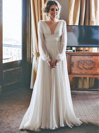 Elegant V-Neck Chiffon Beach Wedding Dresses With Long Sleeves