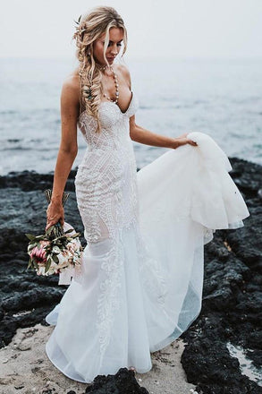 mermaid sweetheart lace appliques beach wedding dress dtw334
