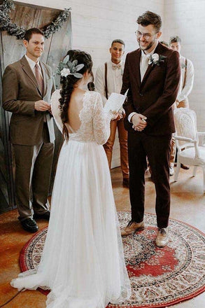 A-Line Round Neck Lace Long Sleeves Chiffon Rustic Wedding Dresses