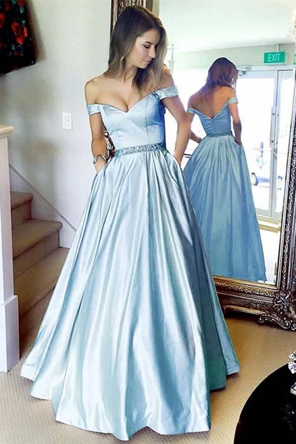 a-line off-the-shoulder waist beaded satin long prom dresses dtp253