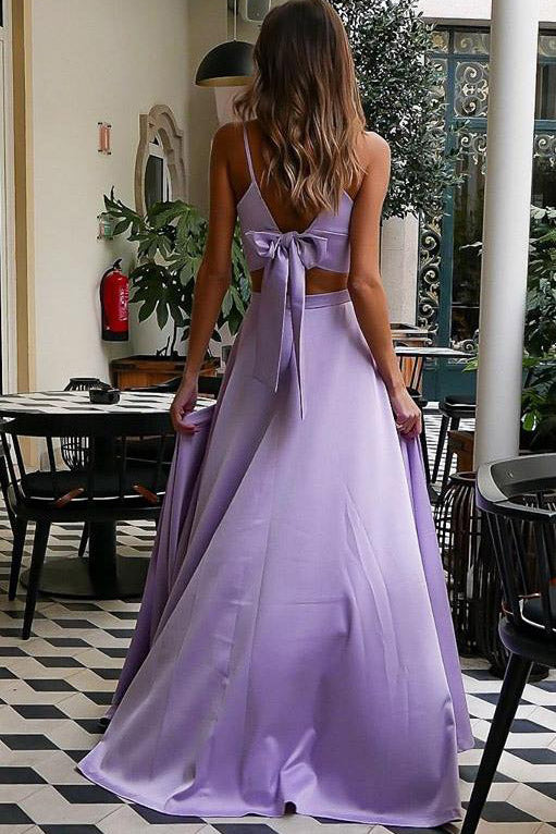 Deep V-neck Lavender Two Piece Long Prom Dress With Bowknot Back