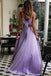 Deep V-neck Lavender Two Piece Long Prom Dress With Bowknot Back