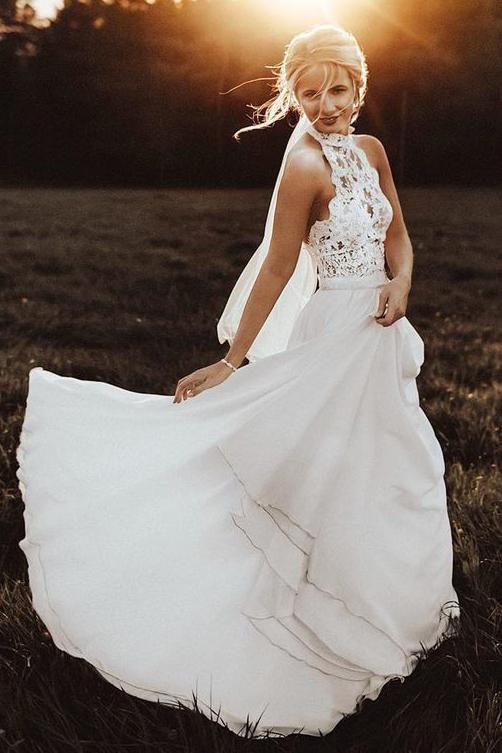a-line halter lace chiffon long beach flowy wedding dress dtw178