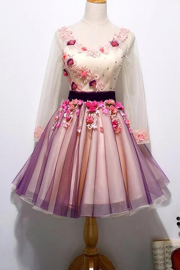 chic long sleeve 3d floral homecoming dress tulle short prom dress dth375