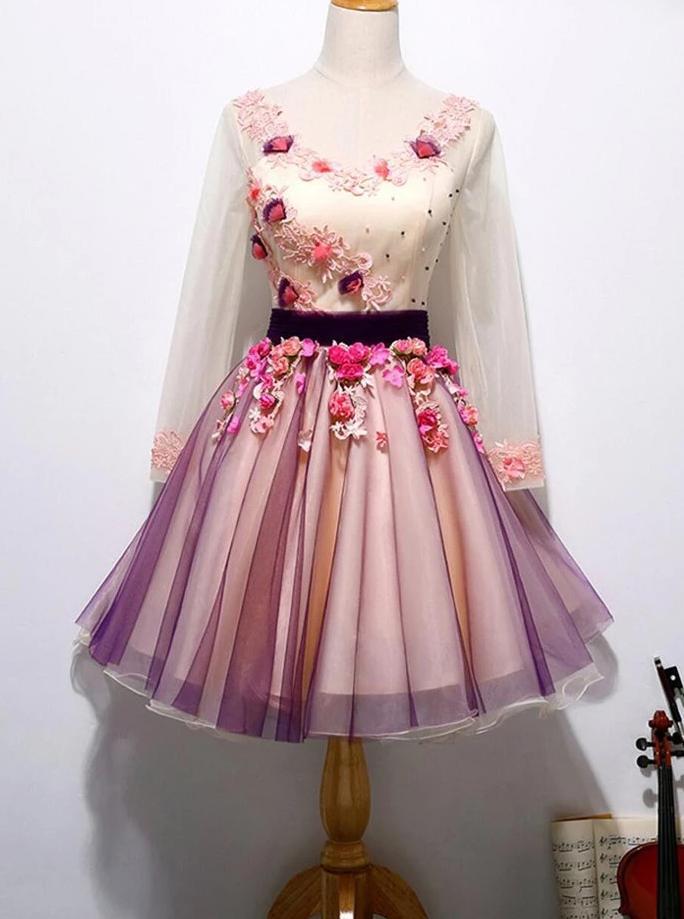 Chic Long Sleeve 3D Floral Homecoming Dress Tulle Short Prom Dress