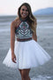 A-line Halter White Tulle Two Piece Homecoming Dress With Embroidery