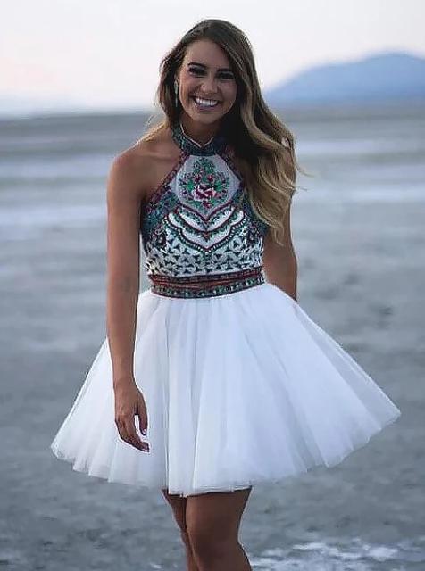A-line Halter White Tulle Two Piece Homecoming Dress With Embroidery