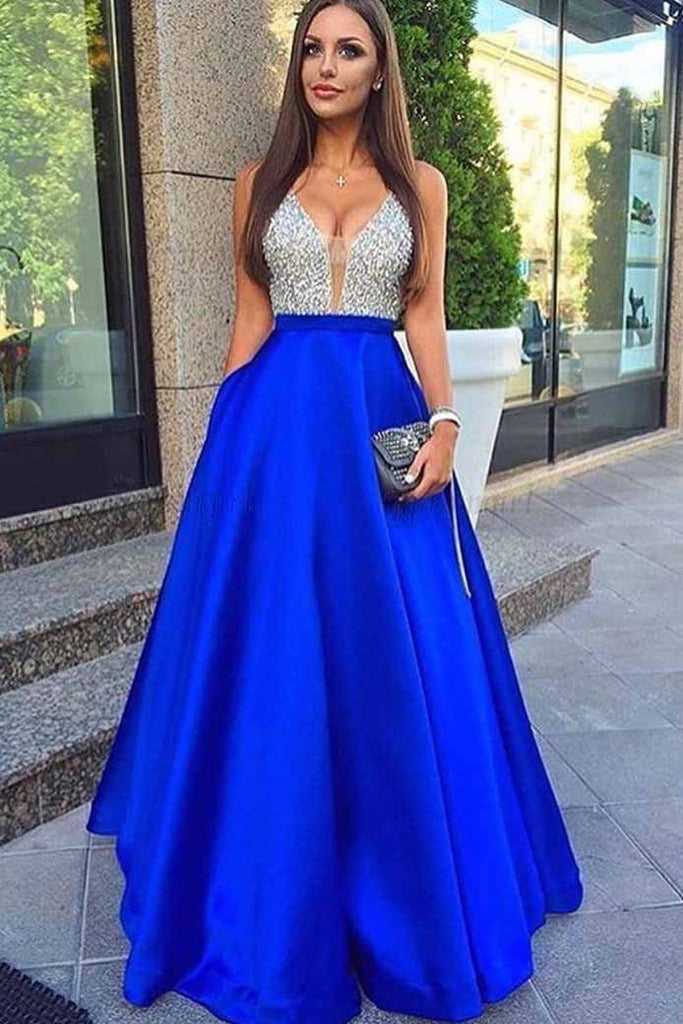 Royal Blue A-Line Deep V-Neck Beading Long Prom Dresses With Pockets