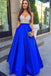 Royal Blue A-Line Deep V-Neck Beading Long Prom Dresses With Pockets