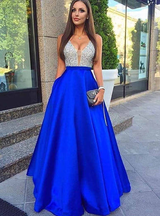 royal blue a-line deep v-neck beading long prom dresses with pockets dtp705
