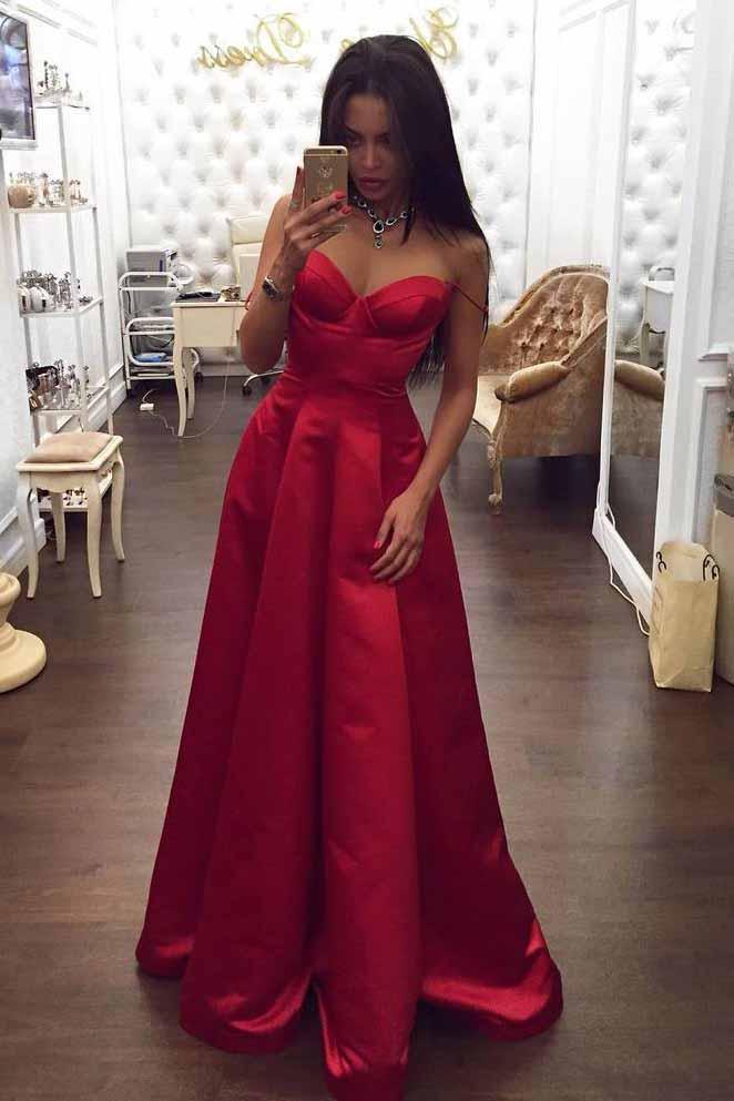 A-Line Spaghetti Sweetheart Red Satin Long Prom Dresses with Ruched