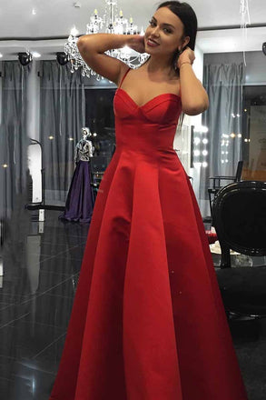A-Line Spaghetti Sweetheart Red Satin Long Prom Dresses with Ruched