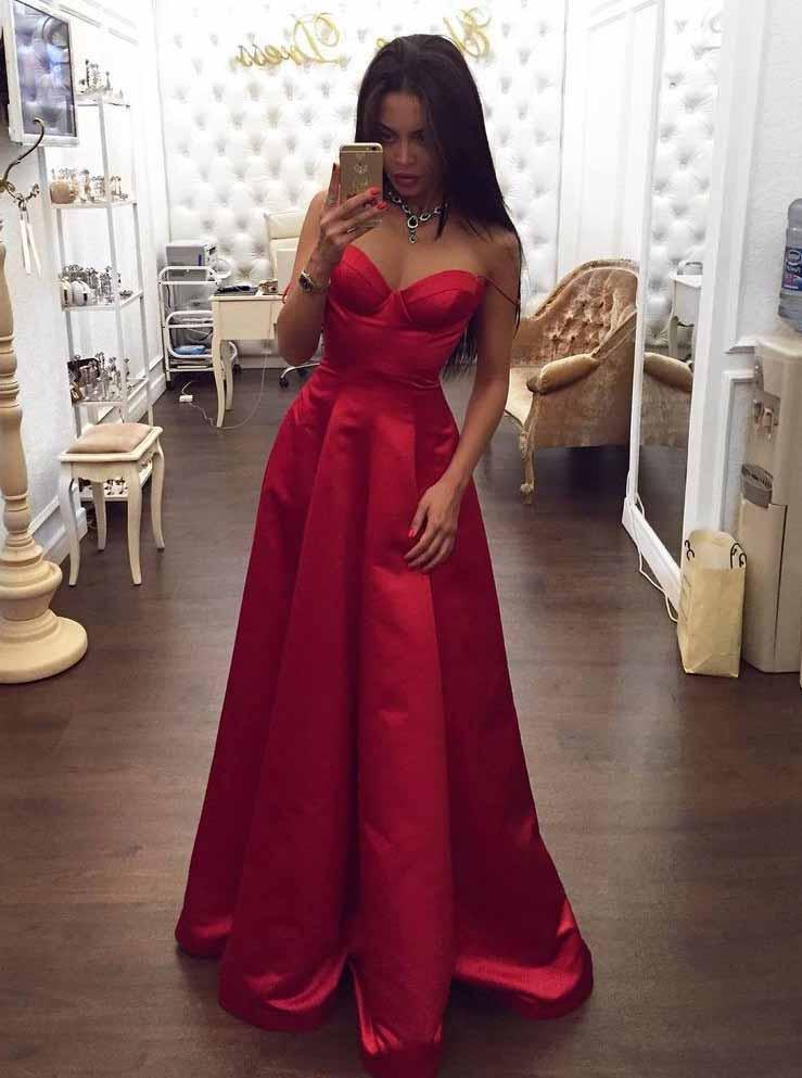 a-line spaghetti sweetheart red satin long prom dresses with ruched dtp706