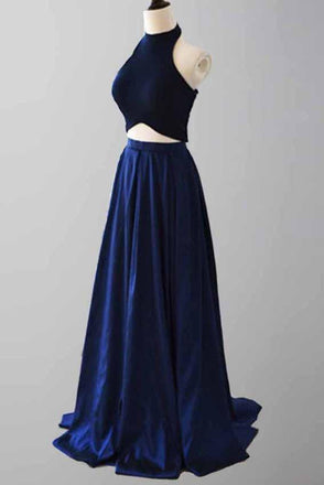 Elegant A-line Two Piece Halter Royal Blue Satin Prom Dresses