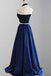 Elegant A-line Two Piece Halter Royal Blue Satin Prom Dresses