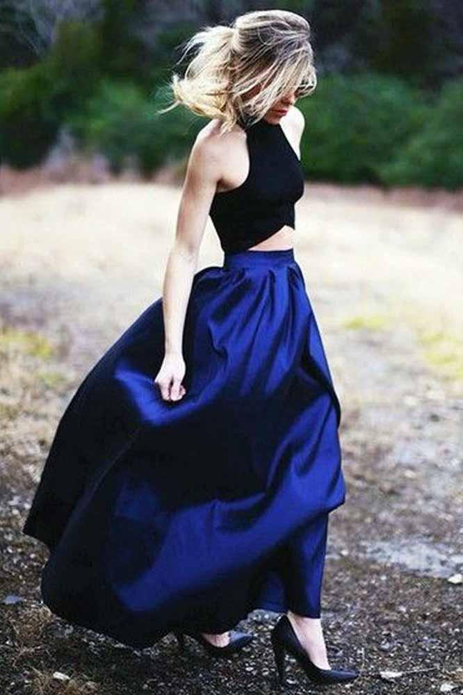 Elegant A-line Two Piece Halter Royal Blue Satin Prom Dresses