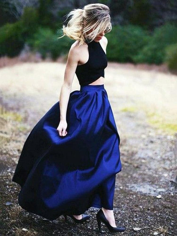 Elegant A line Two Piece Halter Royal Blue Satin Prom Dresses