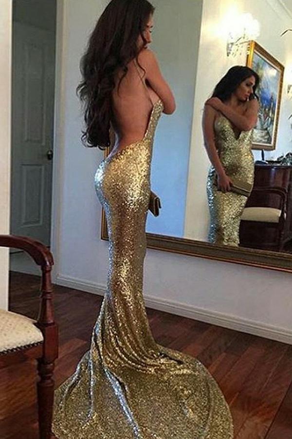 Sparkly Sequins Spaghetti Straps Backless Gold Mermaid Prom Dress DTP717 DressTok.co.uk Sparkly Sequins Spaghetti Straps Backless Gold Mermaid Prom Dress DTP717 DressTok.co.uk