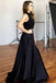 Two Piece Round Neck Satin Beaded Lace Black Prom Dresses With Slit