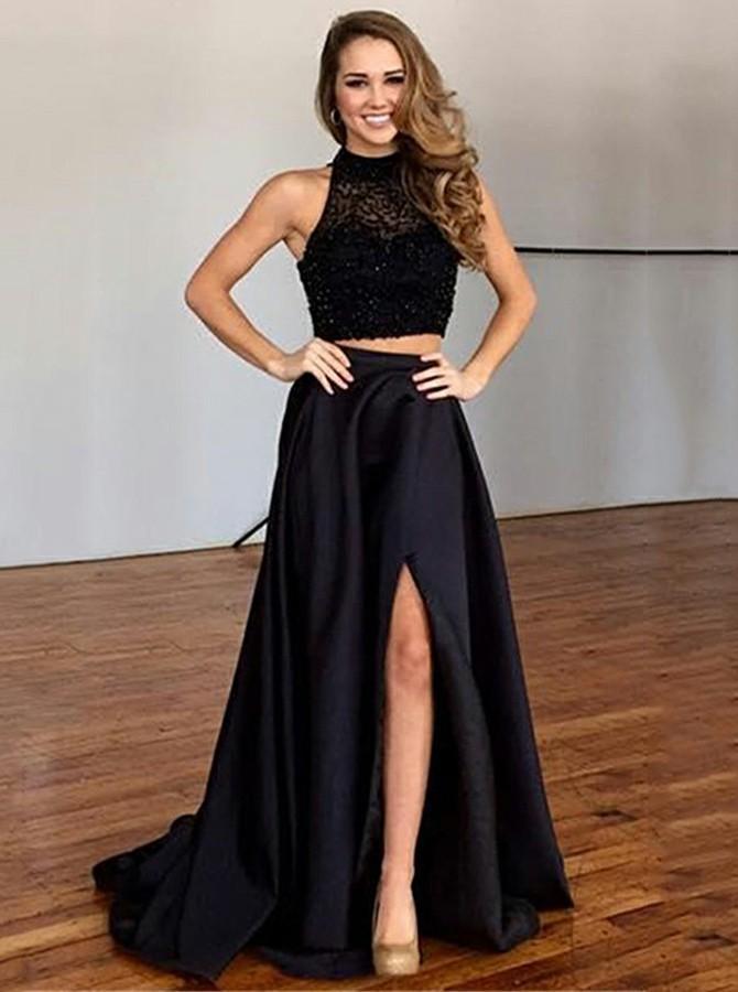 two piece round neck satin beaded lace black prom dresses with slit dtp708